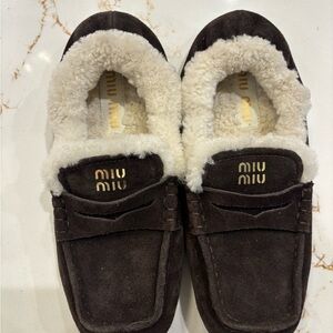Miu Miu Chocolate Brown Suede Loafers with Cream Shearling
